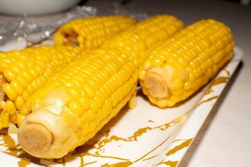 Closeup view of a boiled corn on the cob