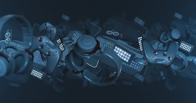 Animated background with the best equipment for gaming and streaming levitating on front.