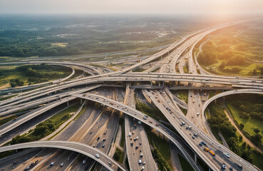 Aerial view of car traffic on multi lane highways or expressways, traffic in roundabouts is part of everyday life.