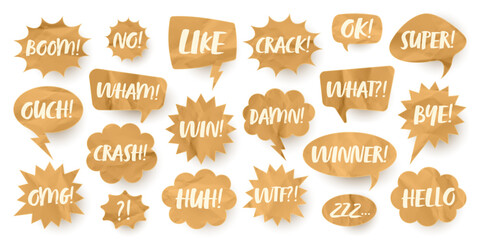 Crumpled paper comic speech bubbles. Hand drawn retro cartoon stickers with text. Pop art style. Old, vintage dialog boxes with cardboard texture. Vector illustration