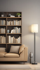 Lamp and bookshelf, living room with couch. Idea for interior design