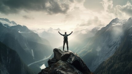 A single person standing at the top of a mountain