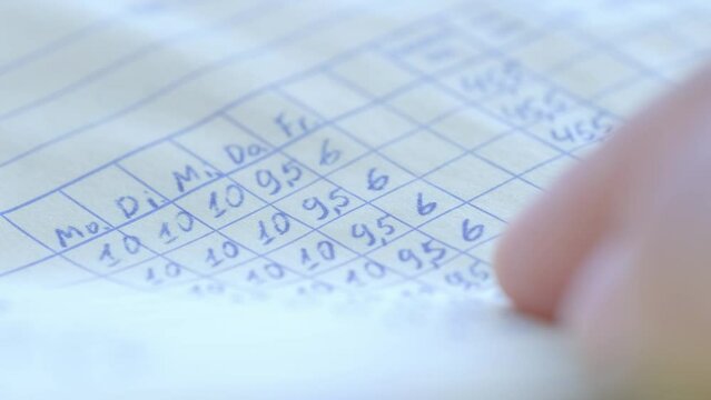 finger points to line handwritten tabular document sheet weekly report, weekly internship review during internship, points, numbers in cells, Revisiting Revisionist History, daily routine