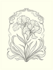 Frame with a iris flower in the style of Art Nouveau. Beautiful iris vintage floral composition 1920-1930 years.
