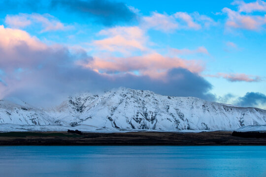Mount Dobson mountain range viewed from the banks of Lake Tekapo, South Island, New Zealand