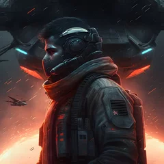Fotobehang add space background and give the mercenary a scifi helmet  © Lou