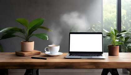 Wooden Workspace Oasis: Laptop, Coffee, and Potted Plant