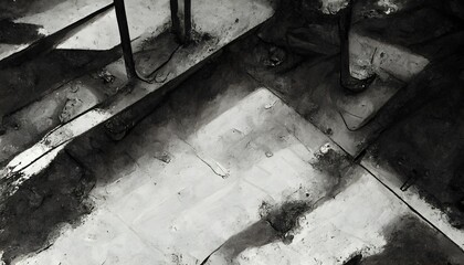 looking down at floor of basement cell dirty concrete floor dirty mattress grimcore paralax shadows rusty metal low light high detail grayscale pen and tone by artstation manga 4k  - obrazy, fototapety, plakaty