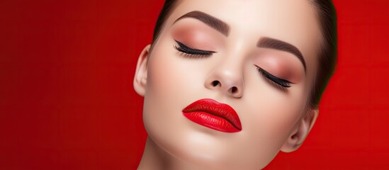 Stylish red carpet look with trendy makeup and closed eyes With copyspace for text