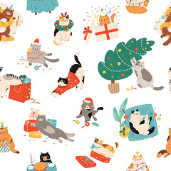 Seamless pattern of funny cute cats celebrating Christmas and New Year