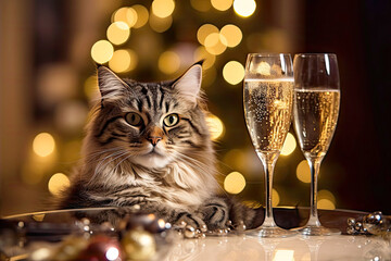 Fluffy cat next to a glass of champagne on the background of cozy Christmas lights. Cute cat on New Years Eve party.