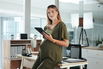 Portrait, tablet and a pregnant woman in her office and smile with maternity leave from work....