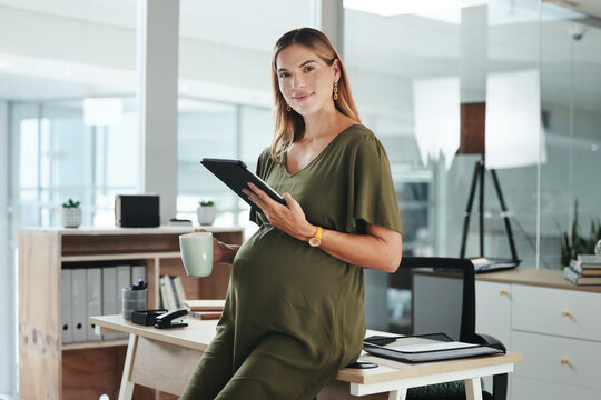 Portrait, tablet and a pregnant woman in her office and smile with maternity leave from work. Business, tech and pregnancy with a happy young employee or mother in the workplace for research