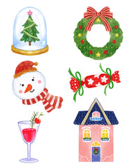 Watercolor cute set with Christmas elements isolated on white background.watercolor holiday design vector illustration.