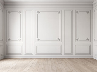 Classic white empty interior with blank walls with moldings, stucco and wood floor. 3d render illustration mockup.