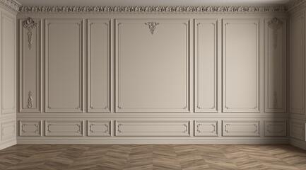 Classic empty beige interior with moldings, stucco, blank wall and wood floor. 3d render illustration mockup.