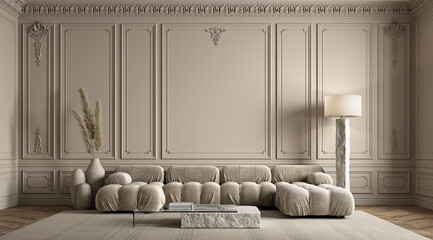 Classic beige interior with sofa, moldings, stucco, carpet, floor lamp and decor. 3d render illustration mockup.