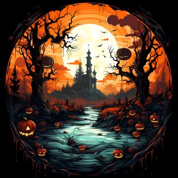 Image of halloween scene with pumpkins and castle.
