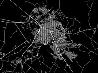 Vector road map of the city of  Guamuchil in Mexico with white roads on a black background.