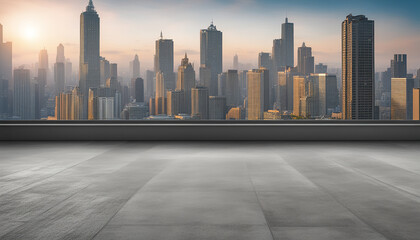 Empty cement floor with cityscape and skyline background