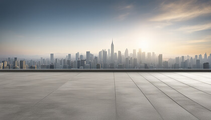 Empty cement floor with cityscape and skyline background - obrazy, fototapety, plakaty