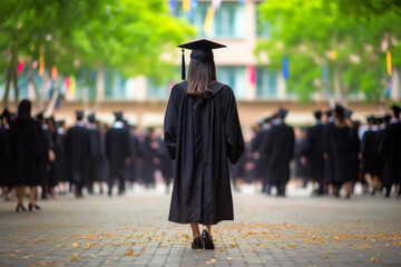 Rear view of university graduates wearing graduation gown and cap in the commencement day in background of university. Success concept for events and achievements. - obrazy, fototapety, plakaty