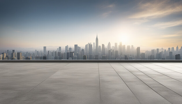 Fototapeta Empty cement floor with cityscape and skyline background