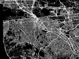 Vector road map of the city of  Tijuana in Mexico with white roads on a black background.