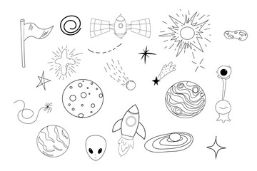 Set space elements ufo spaceship, rocket, satellite, stars and planets in doodle style isolated. Hand drawn collection 