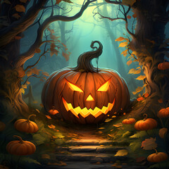 Spooky glow pumpkin smiling in the dark forest, halloween characters, generated ai