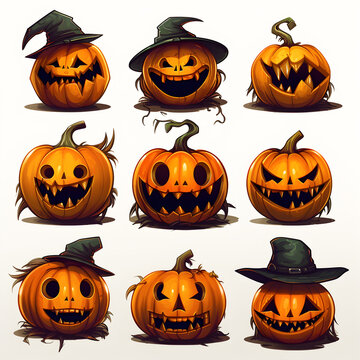 halloween pumpkins set, angry, funny characters in hat, generated ai