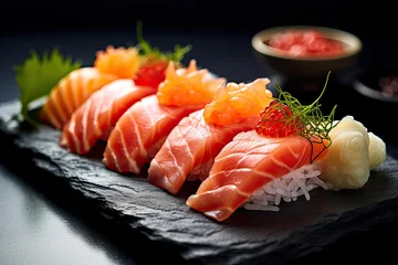 Fotobehang Close up photography of a sushi on a slate plate. Food photography © Daniil