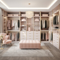 modern walk-in wardrobe with female clothes and accessory, pastel colors