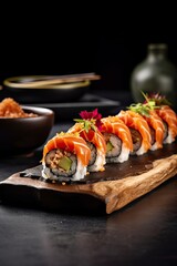 Close up photography of a sushi on a slate plate. Food photography