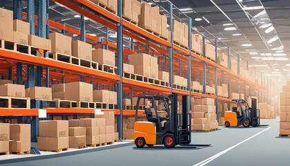Product distribution center, Retail warehouse full of shelves with goods in cartons, with pallets and forklifts. Logistics and transportation concept