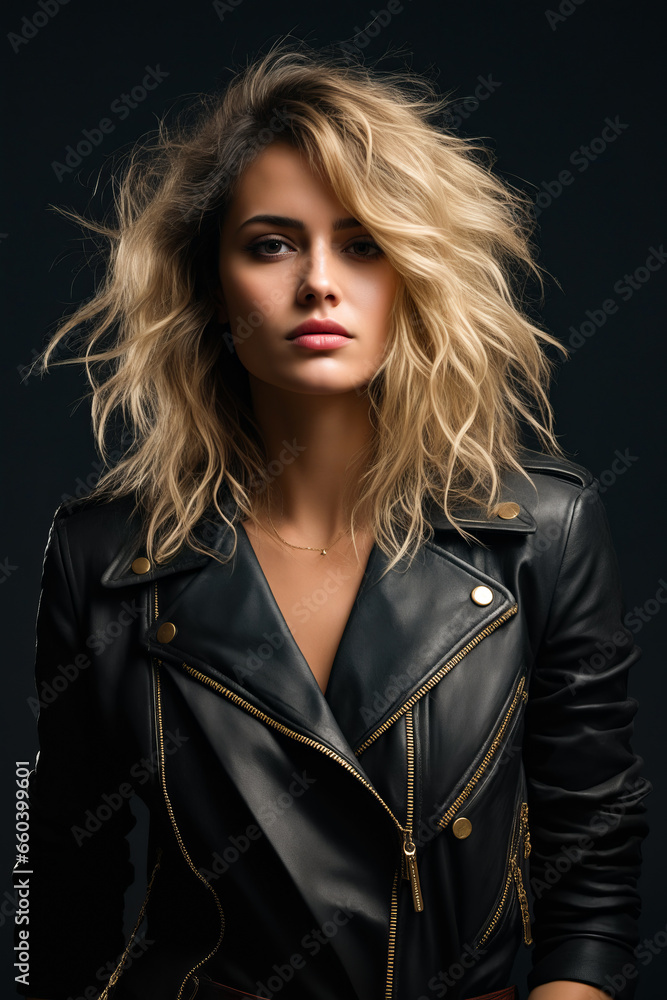 Sticker woman with blonde hair wearing black leather jacket and gold buttons.