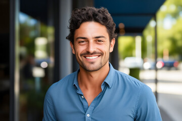 Man with mustache smiling for the camera with blue shirt on.