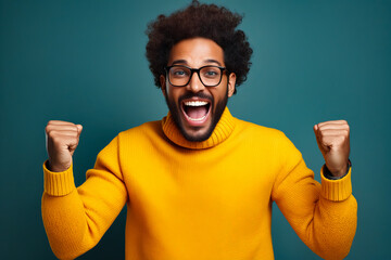 Man with beard and glasses is excited about something. - obrazy, fototapety, plakaty