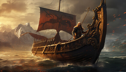 A lifelike illustration showcasing a Viking ship gracefully sailing through the waters, framed by...