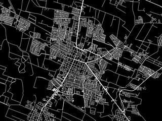 Vector road map of the city of  Zamora in Mexico with white roads on a black background.