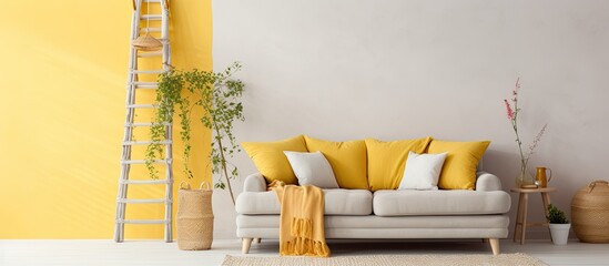 Tiny ladder beside cozy couch in vibrant boho apartment with yellow drapes With copyspace for text