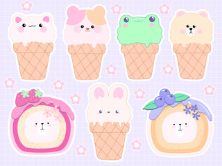 kawaii set sticker layout fruit,  cute cartoon food and fruit , cupcakes macaroni, ice cream, soft pink color, pastel color stickers Dessert 