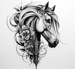 Horse wild prairie mustang Death Halloween Holiday Roses Flowers Tattoo Print Stamp © Anatoly Shapoval