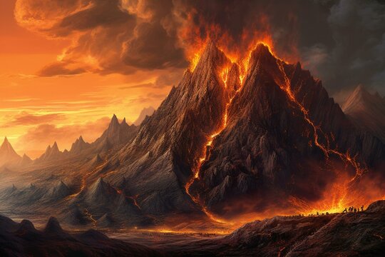 Illustration of a volcanic mountain in Mordor. Generative AI