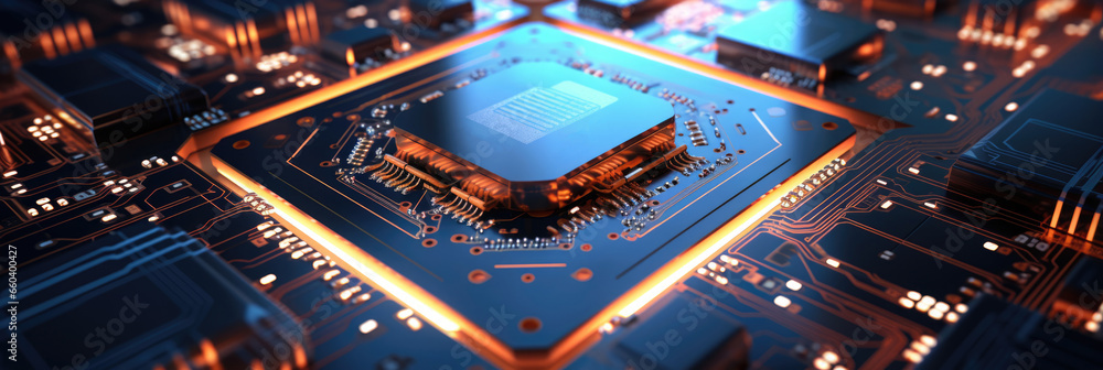 Poster microprocessor on a printed circuit board, electronic technology concept, artificial intelligence