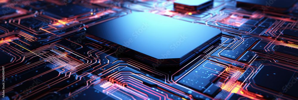 Poster microprocessor on a printed circuit board, electronic technology concept, artificial intelligence