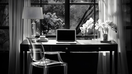 Black and white monochrome workspace with window view