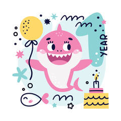 Baby Shark Birthday cute vector marine colorful illustration with number one, fish, wave, algae, star, bubble, cake for girl. Ideal for kids cards, prints, anniversary, invitation