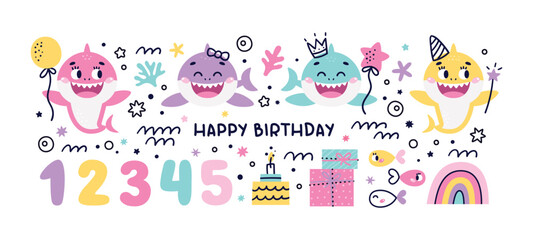 Set of Baby Shark Birthday cute vector marine colorful illustrations with number one, two, three, four, five, fish, wave, algae, star, bubble, rainbow, gift, cake for girl