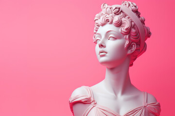 Marble statue head of young woman on a pink background